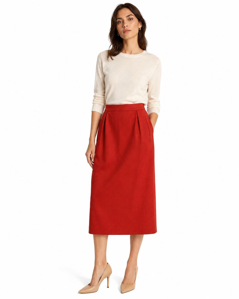 Vintage Ted Lapidus Brick Red Wool Midi Skirt France Straight Lined W 29.5"